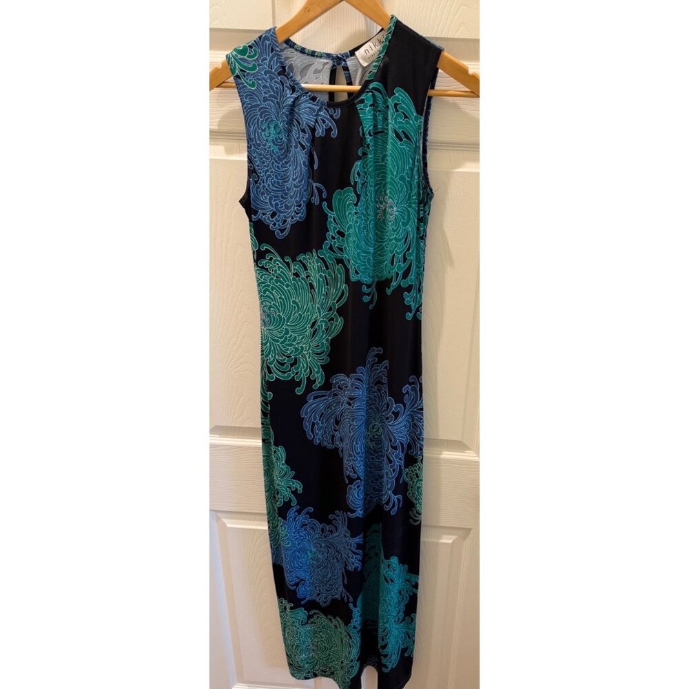 Nikki Poulos XS Black Sleeveless Dress With Blue & Green Floral Chrysanthemum